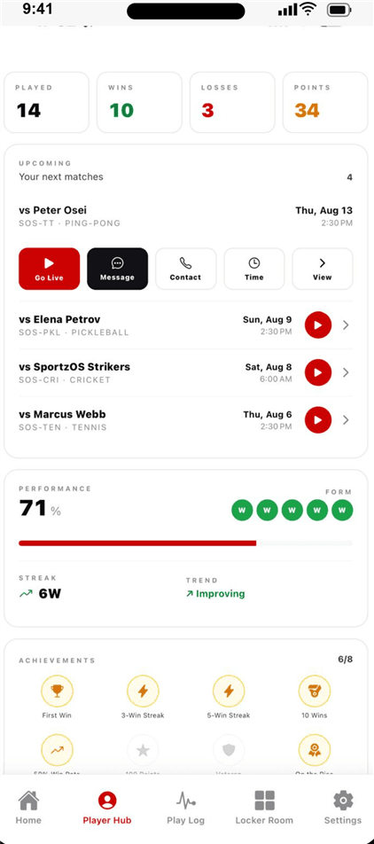 SportzOS iOS app, Player Hub screen
