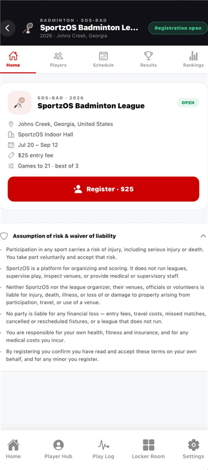 SportzOS iOS app showing a league page with registration open