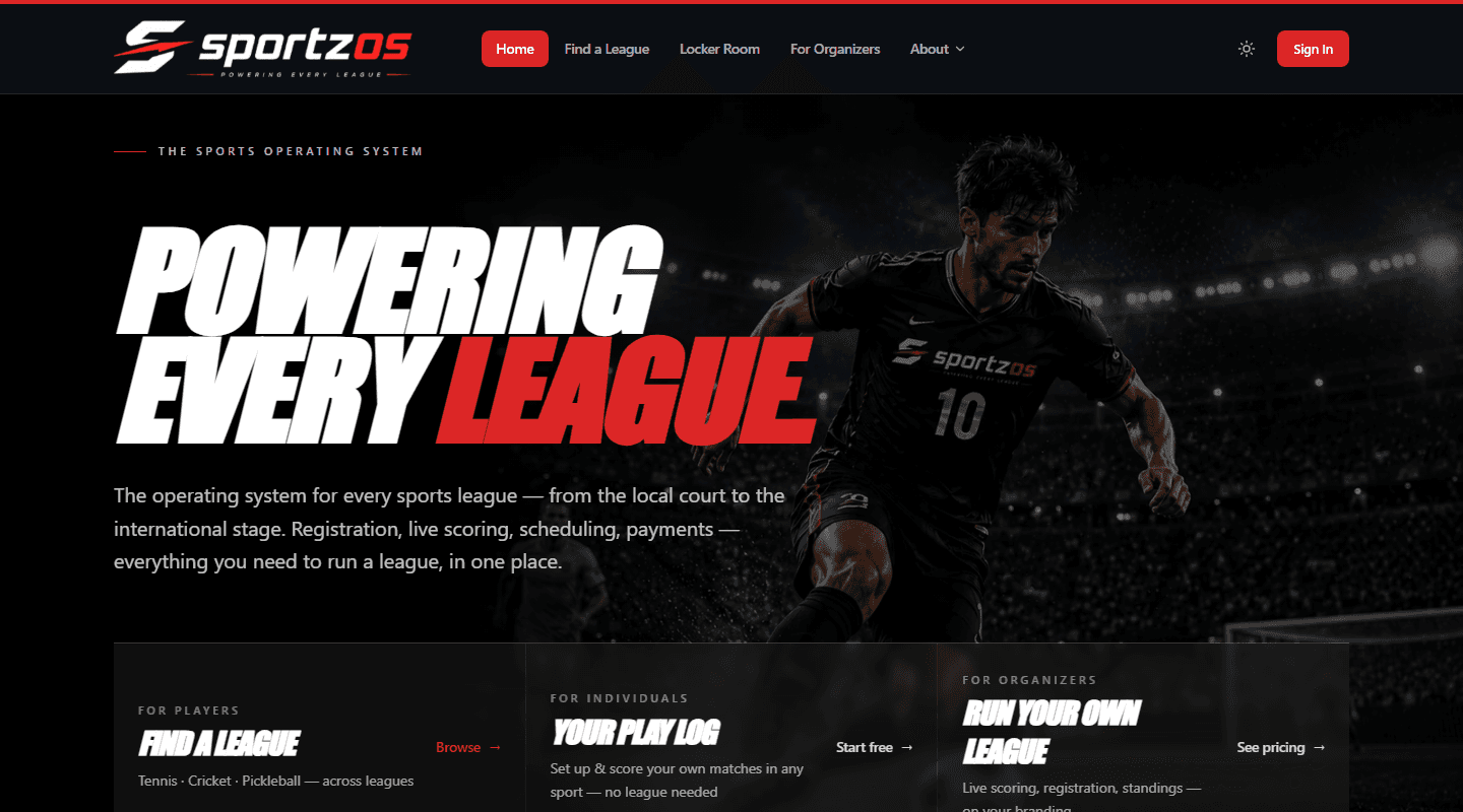SportzOS website, a league platform built by Amrelia Technologies